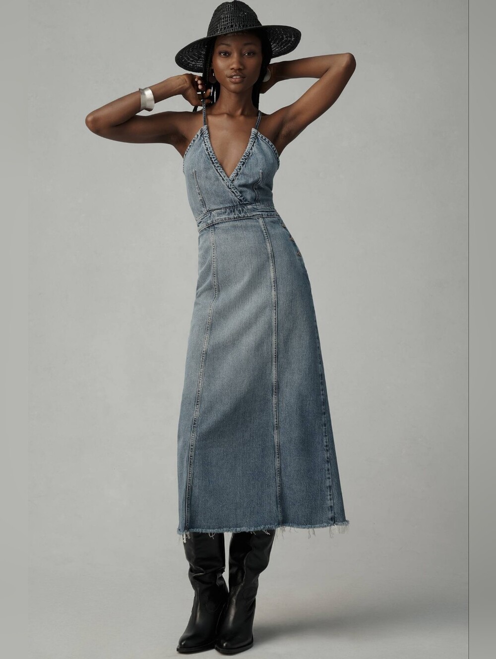 ETICA x Anthropologie CALLISTA Midi Denim Tie Dress SZ LG